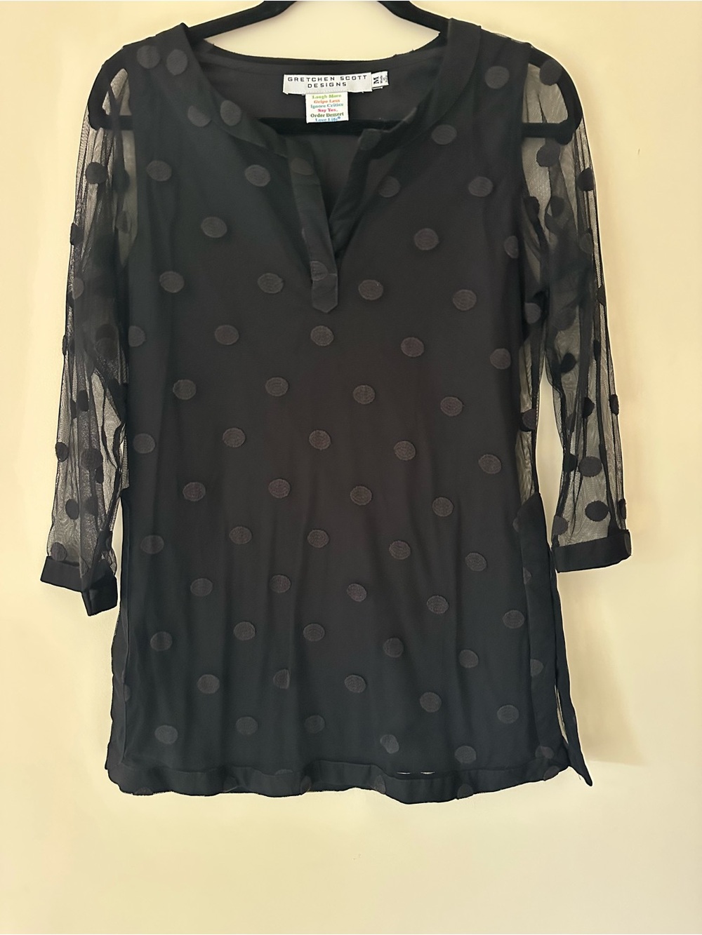 Gretchen Scott Designs Black Polka Dot Sheer Layered Top Tunic | Size Medium